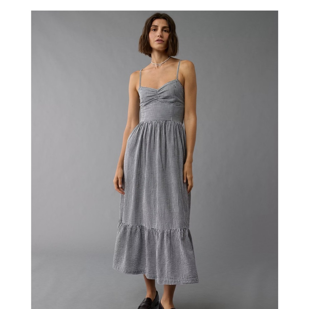 American Eagle Outfitters Gingham Tiered Ruffled Midi Dress
